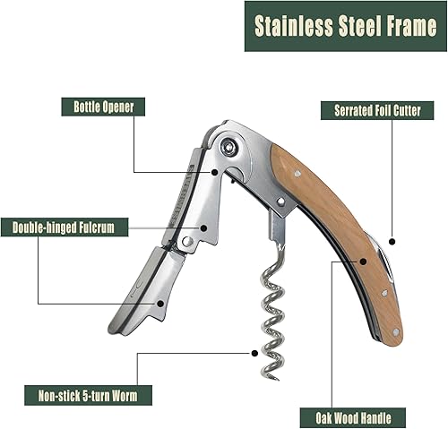 Miniatura 3 de Abrebotellas, llave de vino, sacacorchos de camarero, mango de madera de roble