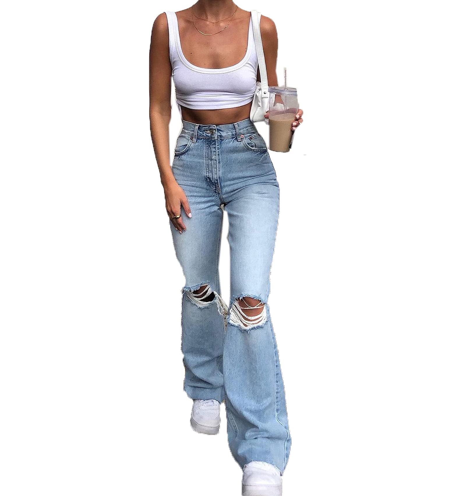 Jeans da Donna Pantaloni A Gamba Larga Pantaloni Casual Strappati Pantaloni A Zampa di Jeans Donna