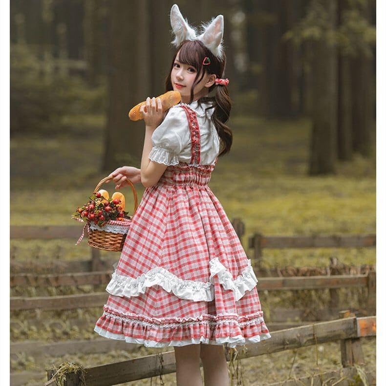 Amazon.co.jp: 2点セット ロリータ チェック柄 メイド服 リボン 