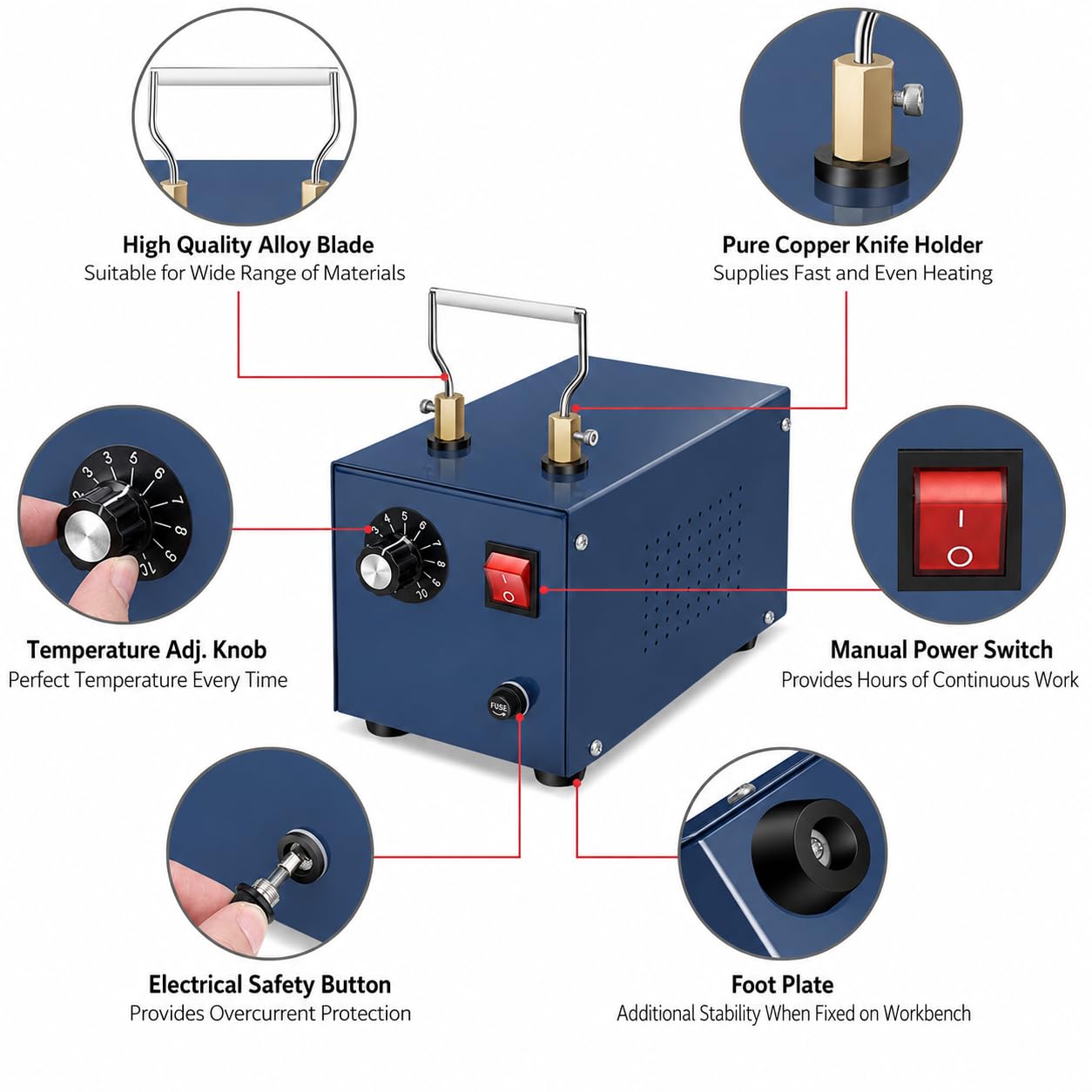 Cortador de cuerda eléctrico de 250 W con herramienta de calentamiento y cuchilla de 125 mm, temperatura máxima de 500 ℃ para cables de nailon PP y cinta trenzada.