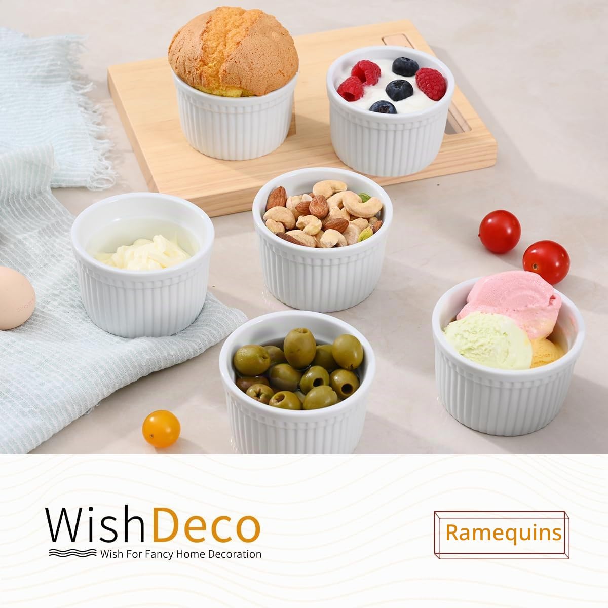 WishDeco Lot de 6 Ramequins, 200 ml Ramequin Creme Brulee, Moules à Soufflé en Porcelaine, Plat à Four Blanc pour Muffin, Gâteau, Dessert, Sauce