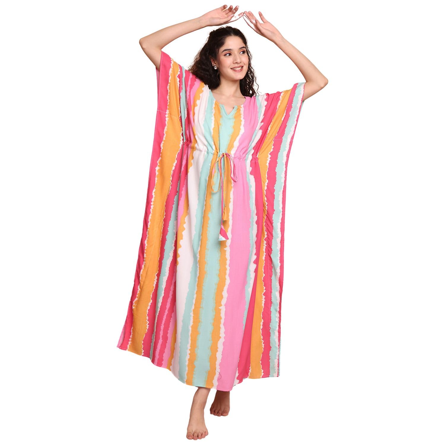 Multi Striped Rayon Kaftan/Free Size/Printed/Drawstring/Nightdress/Nightwear/Full Length-image-7