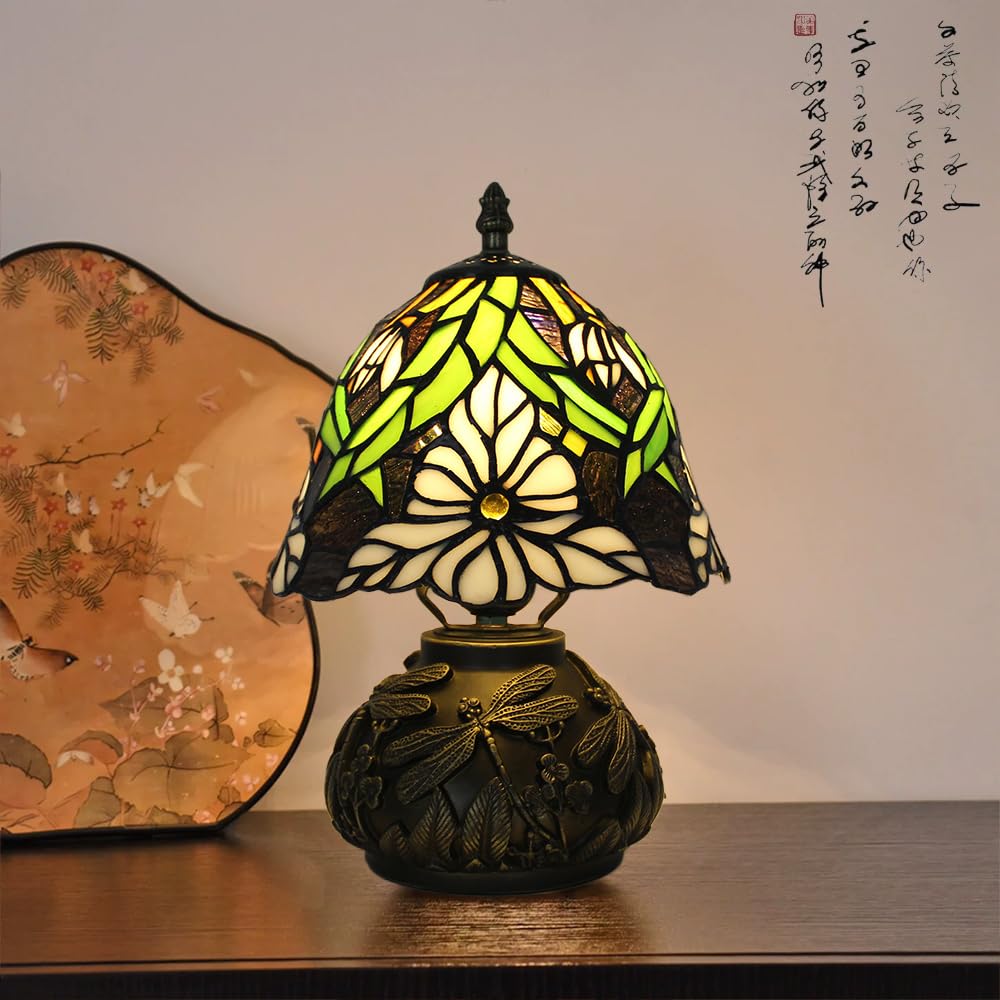 XINYASEE Tischlampe im Tiffany-Stil – pilzförmiger Lampenschirm aus Buntglas, Sockel mit Libellengravur, Retro-Nachttischlampe für Schlafzimmer, Wohnzimmer, Heimdekoration (Blumen-B)