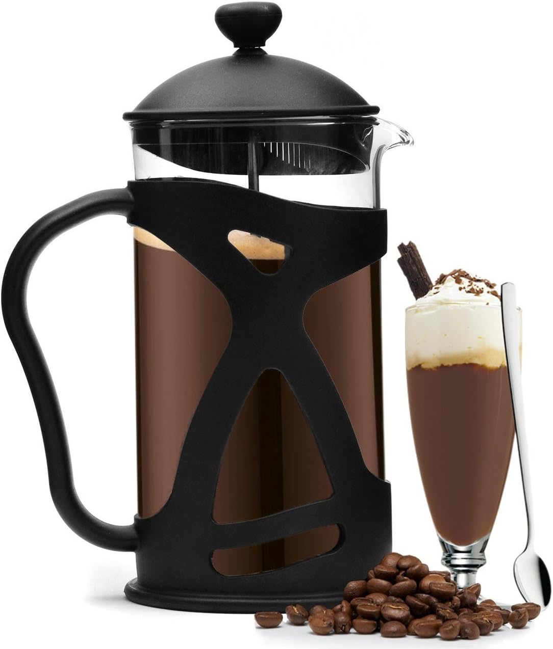 Large French Press Coffee Maker with Extra Filters for a Richer and Fuller Coffee Flavor, Designed with Double Wall Black Stainless Steel to Preserve Hot Coffee Temperature (34oz Glass)