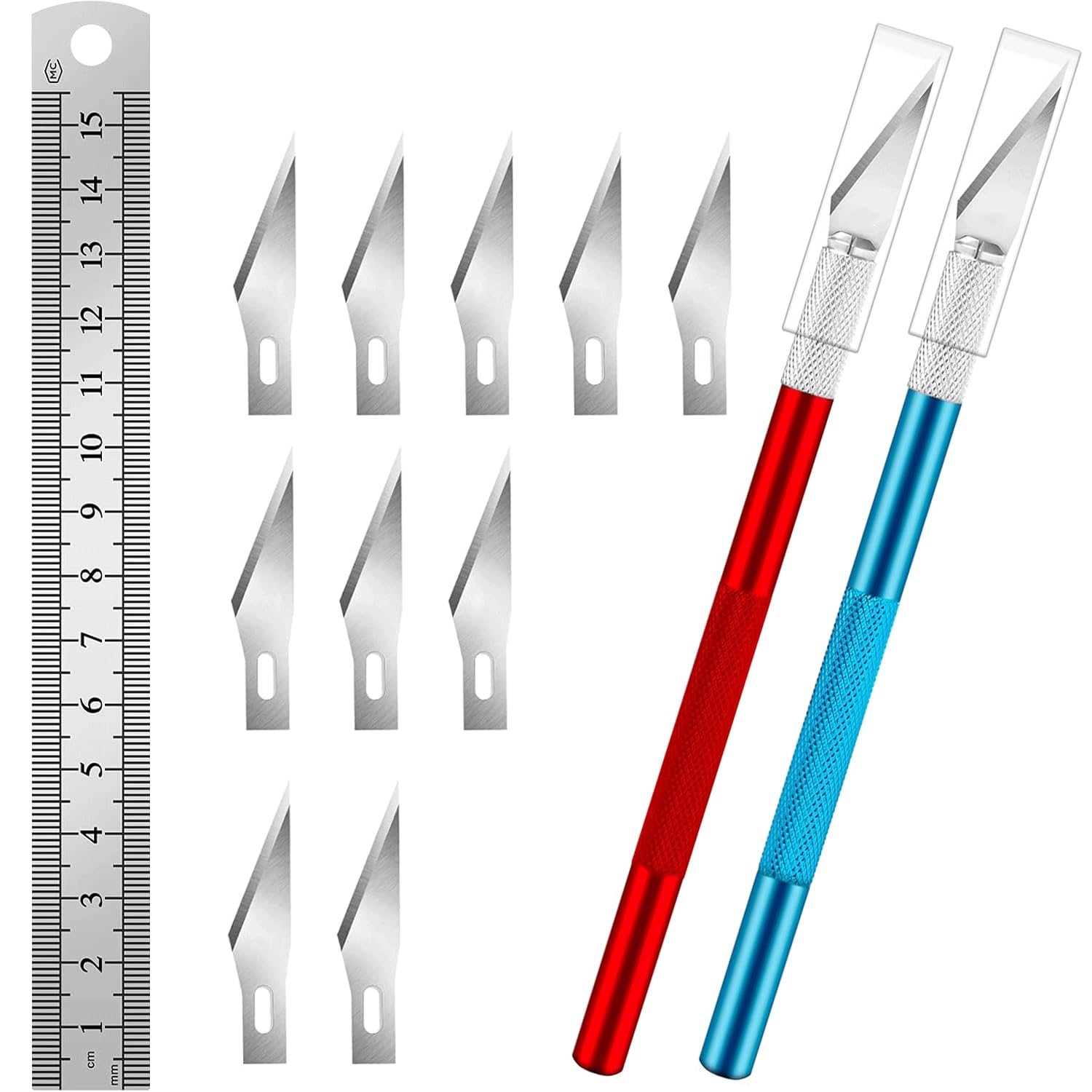 Skalpell Basteln Set mit 2 Stücke Bastelmesser Skalpell(Rot+Blau), 10 Stücke Skalpells Klingen, Edelstahl Lineal und Kunststoffbox, 145mm Bastelskalpell für DIY Art Work Cutting