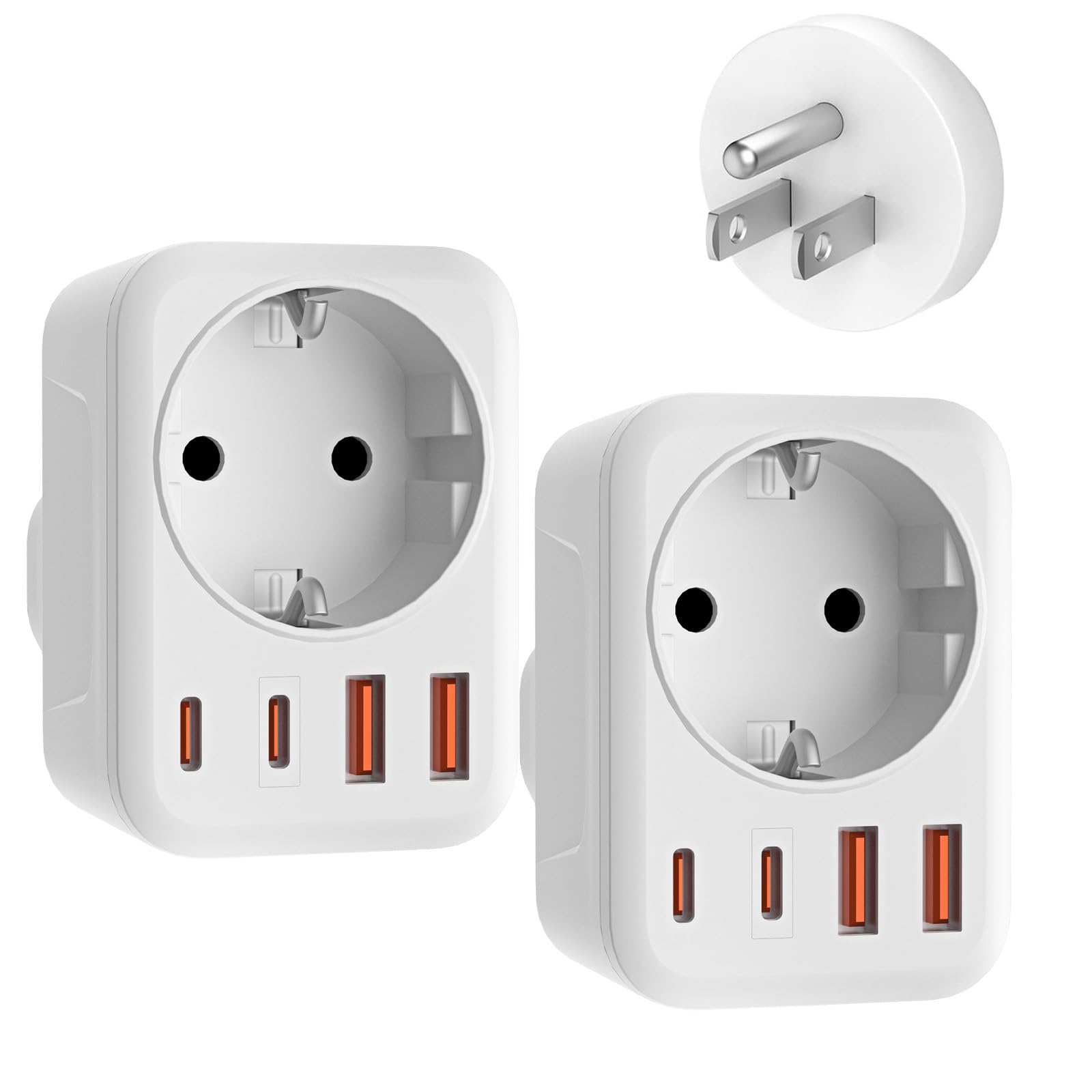 2 Pack USA Adapter Steckdose, 5-In-1 Adapter USA Deutschland Stecker mit 1 AC 2 USB-C 2 USB-A (3.4A), EU auf US Reiseadapter für Amerika Kanada Thailand Mexiko (Typ B)