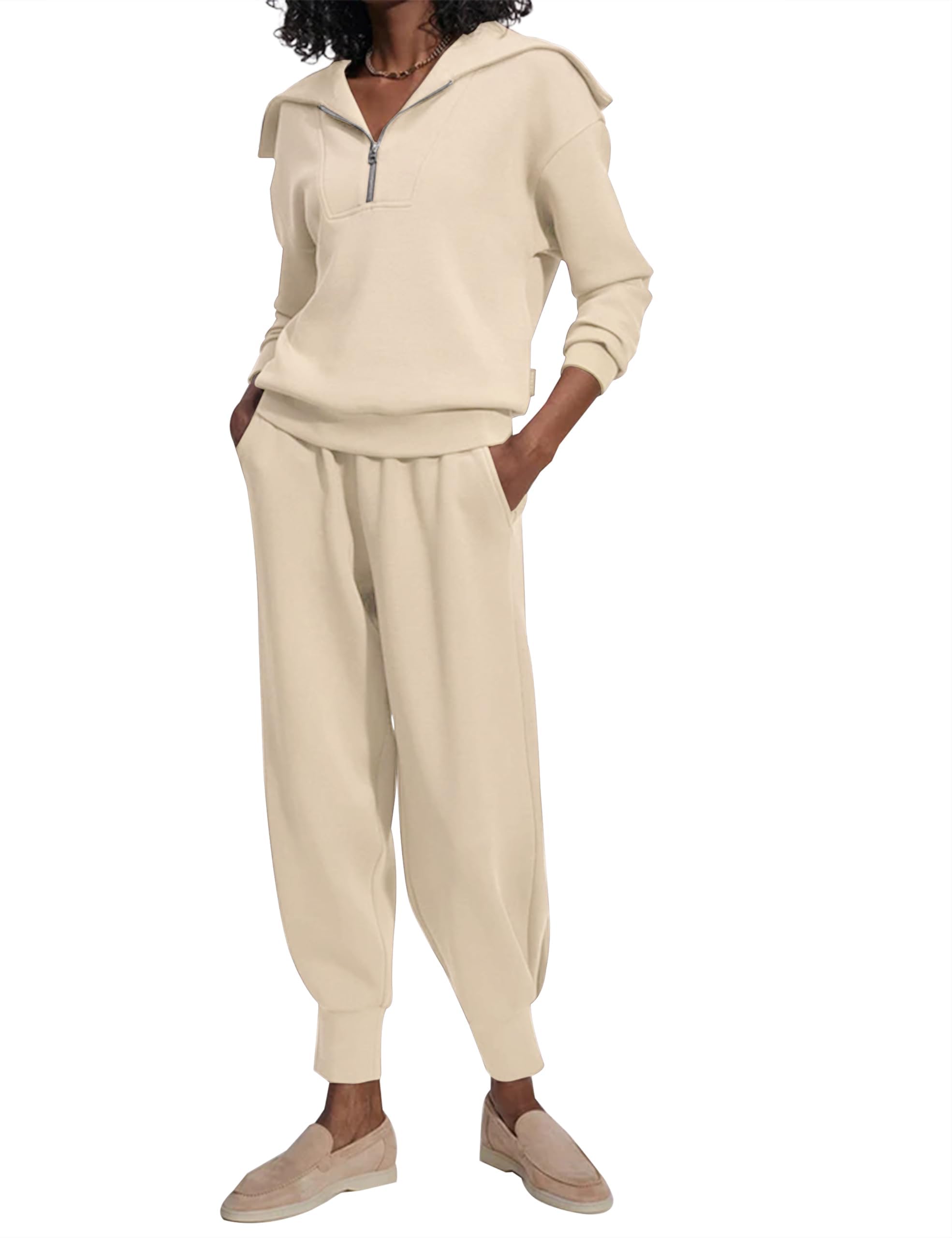 Women 2 Piece Tracksuit Half Zip Long Sleeve Lapel Sweatshirt High Waist Sweatpants Two Pieces Outfits Sweatsuit Set