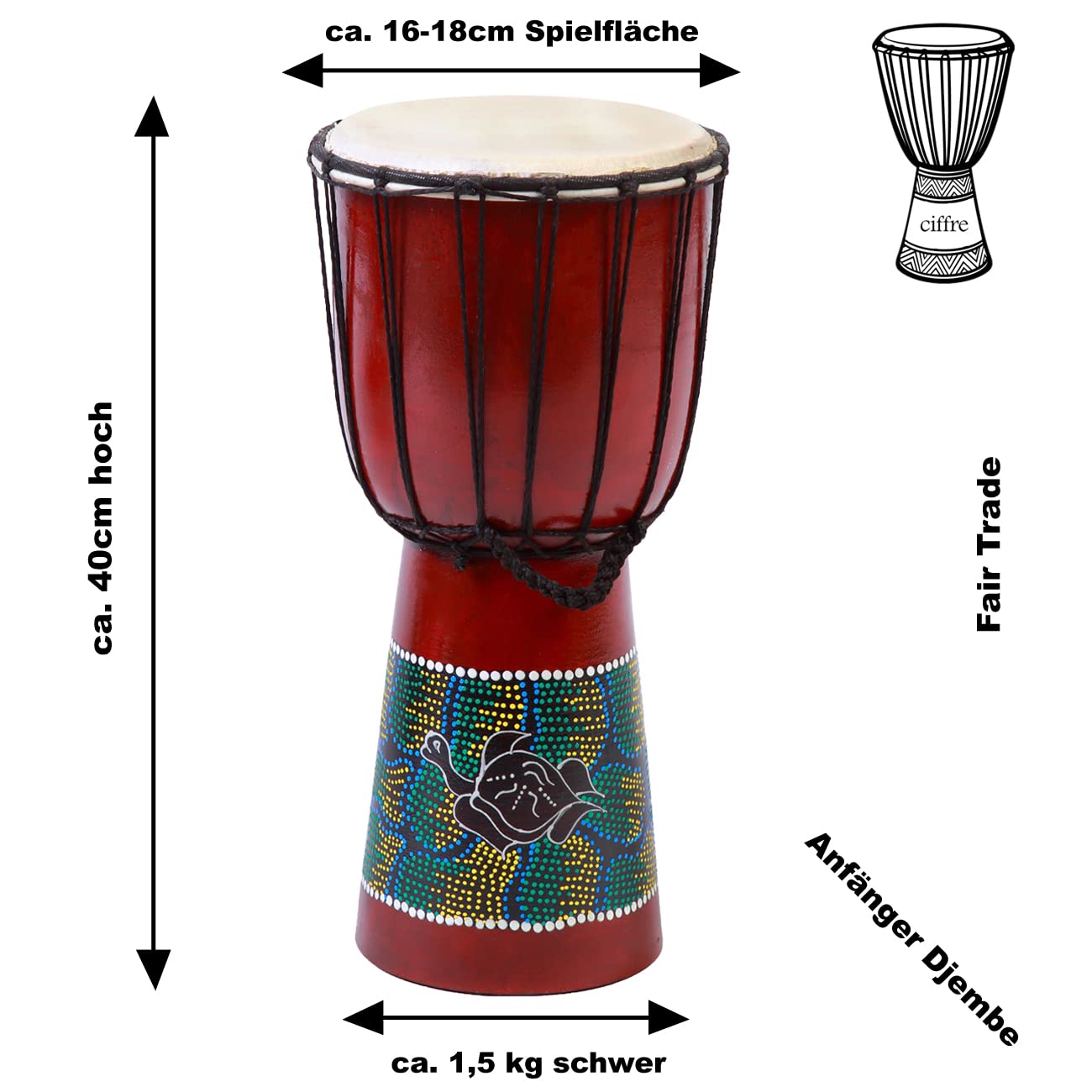 40cm Djembe Trommel Schildkröte Ziegenfell Kinder Schule Anfänger Drum