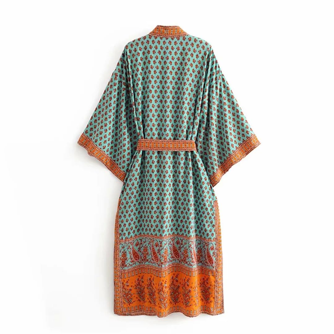Disimlarl Kimono estampado para mujer, estilo bohemio, cuello en V, mangas murciélago, bata larga para playa, salida de baño