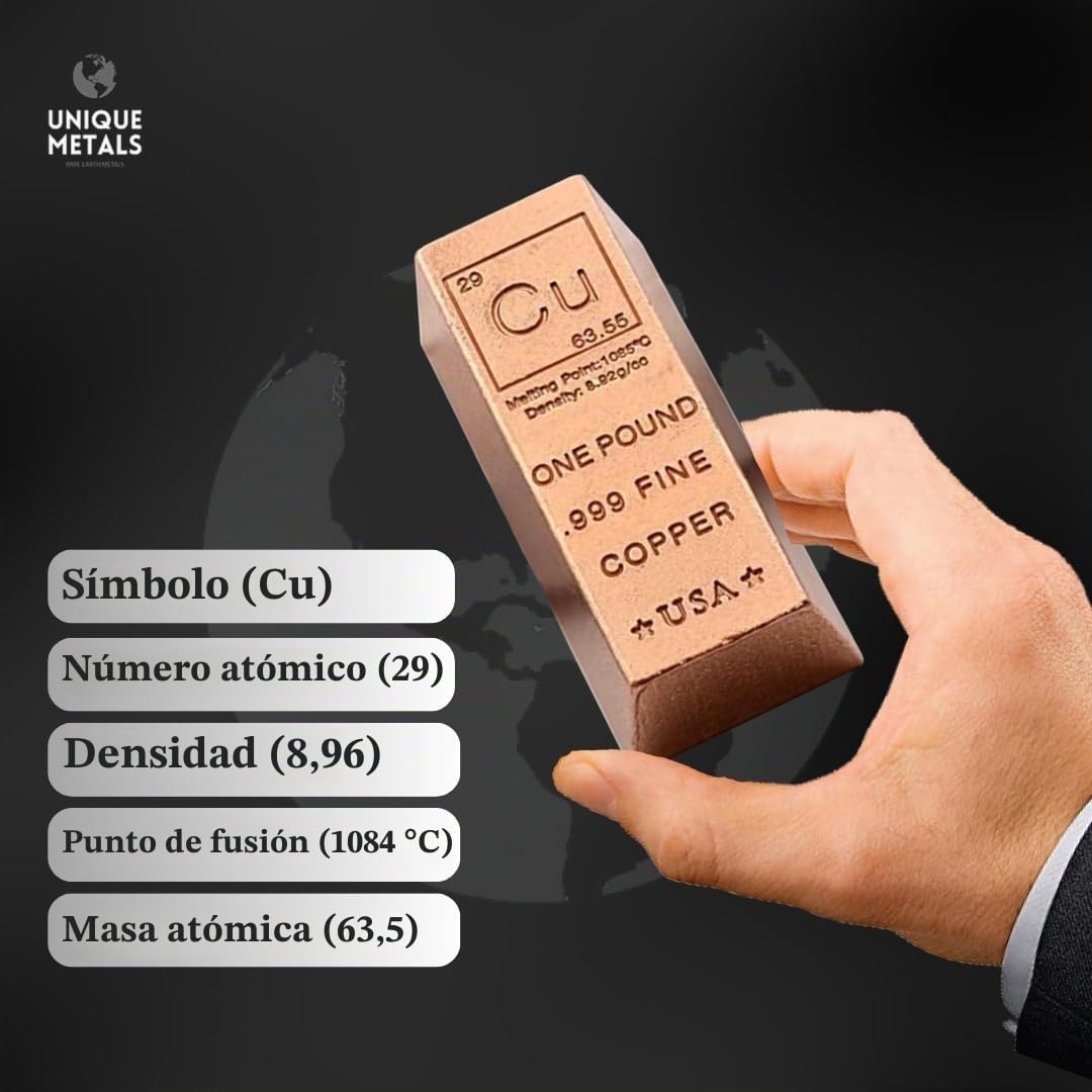 Lingote de barra de cobre de 1 libra – 999 Pure Chemistry Element Design con certificado de autenticidad de Unique Metals