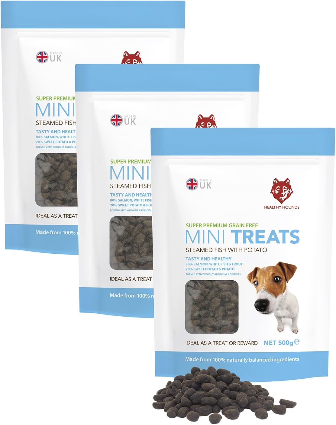 Healthy HoundsGrain Free Dog Training Treats 500g 80% Fresh Fish, 20% potatoes, sweet potato and gravy - 3 Tasty Packs - Contain Omega 3, 6, 9 for skin, coat and joints (3 x 500g)