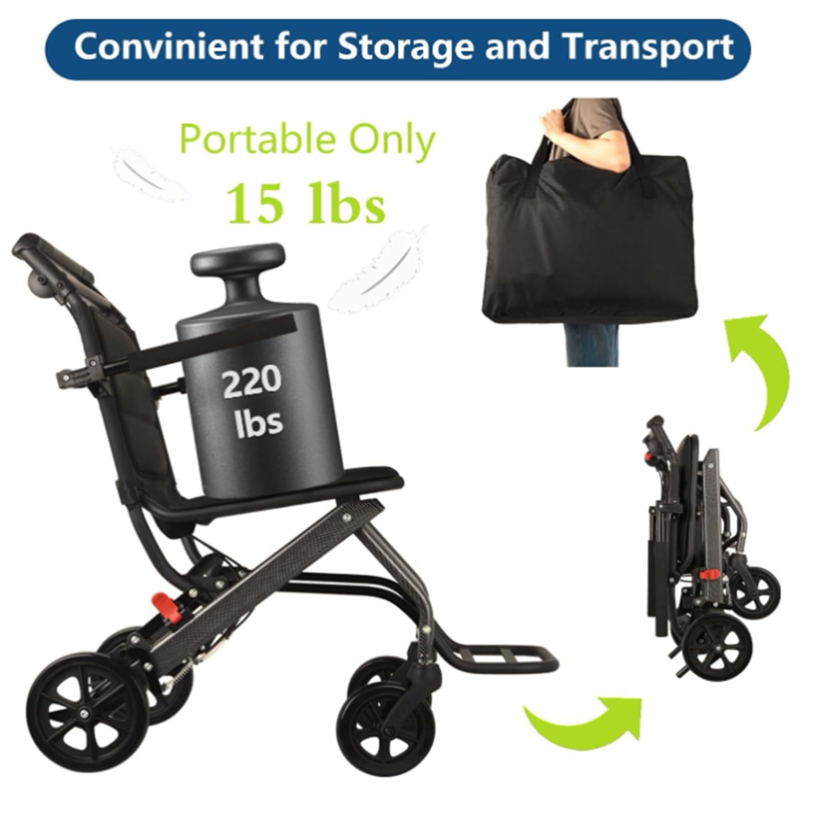 Sedia A Rotelle Ultra Leggera, Portatile, Pieghevole, Pesa Solo 7 kg, Sedia A Rotelle Leggera da Viaggio, Supporto 100 kg, Sedia A Rotelle in Alluminio per Adulti E Anziani