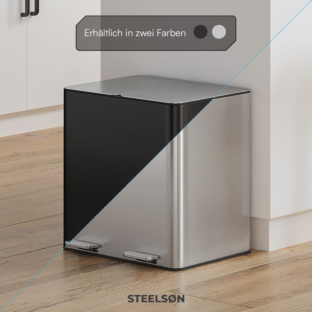 STEELSØN Gloas Mülleimer 2 Fächer – Mülltrennsystem Küche 2x15 L aus Edelstahl Silber – Tretmülleimer mit Soft-Close-Funktion & Geruchsfilter – Abfalleimer mit Inneneimer für Recycling & Restmüll