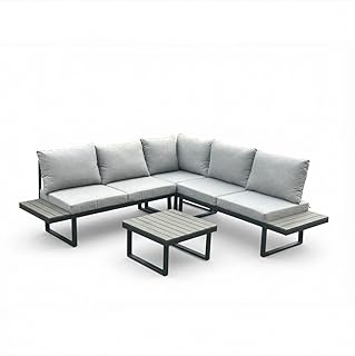 Garten Lounge-Set Pisa, L-Form, Stahl und Holz-Kunststoff-Gemisch, Hellgrau, mit Liegefunktion, inkl. Tisch