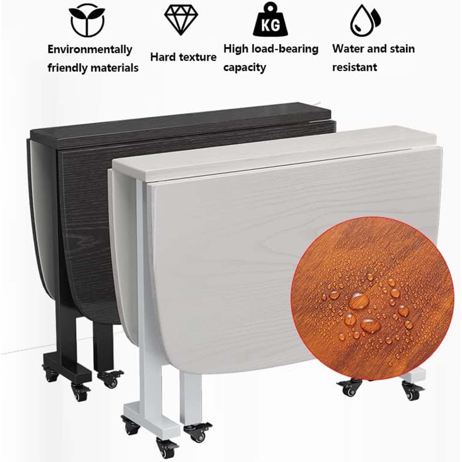 Tavolo da pranzo pieghevole in legno con ruote mobili, design a foglia allungabile, tavolo pieghevole mobile per salotto, caffè, ristorante, nero (120 x 70 cm)