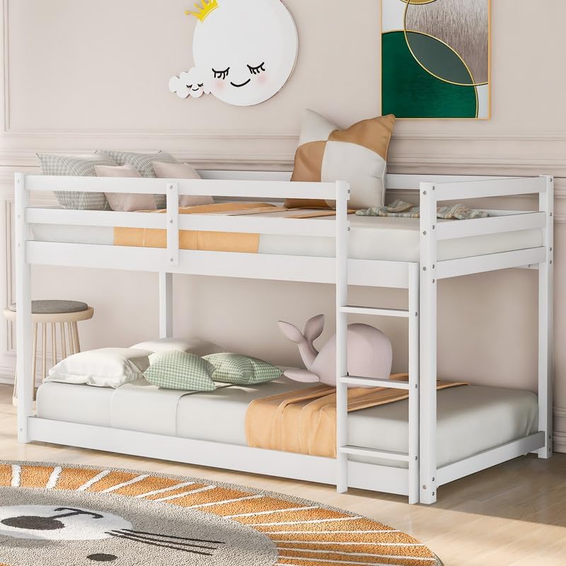 Twin Over Twin Floor Bunk Bed, Solid Wood Low Bunk Bed Frame with Full Guardrails & Integrated Ladder, No Box Spring Needed, White