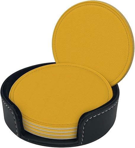 Miniatura 2 de Drink Coasters Set of 6, Mustard Yellow Printed PU Leather Round Coaster with Holder for Outdoor, Office, Bar, Funny Heat-Resistant Home Desk Decor