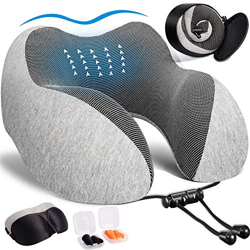 KINFUTON Travel Pillow, 100% Pure Memory Foam Neck Pillow for Airplane Travel with Breathable & Comfortable Machine Washable Cover, 2Pack 3D Sleep Mask, Earplugs, Portable Luxury Bag (Grey)