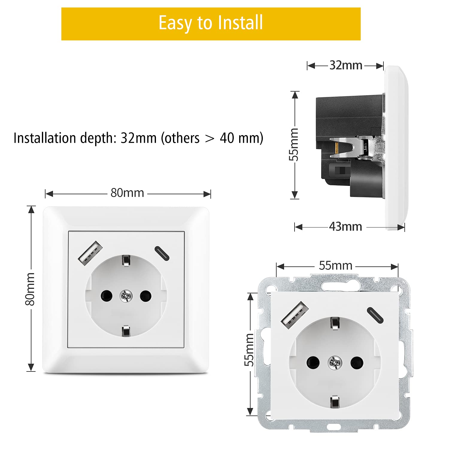 2 X Steckdosen mit USB Ladeanschluss und Typ C max. 3,4 A Schuko Steckdose USB Unterputz System 55 Reinweiß Glänzend Wandsteckdose Passt in Standard Unterputzdose für Smartphone MP3