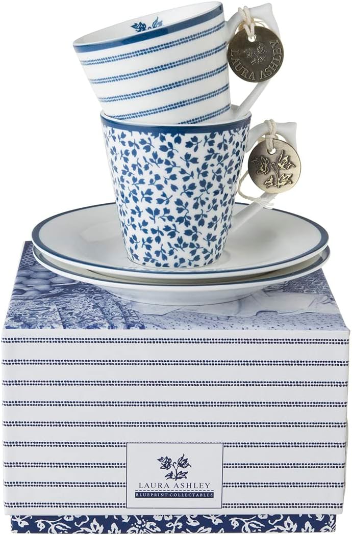 Laura Ashley Espresso Cup and Saucer Set, Candy Stripe and Floris