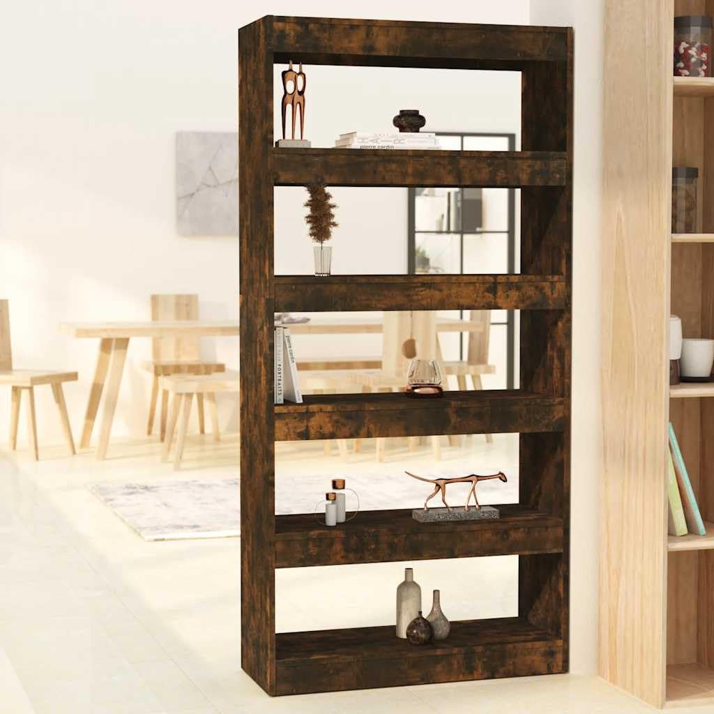 Libreria Divisorio Rovere Fumo 80x30x166 cm in Truciolato | Scaffale autoportante multiuso per soggiorno o corridoio con ampi ripiani a giorno per libri e decorazioni.