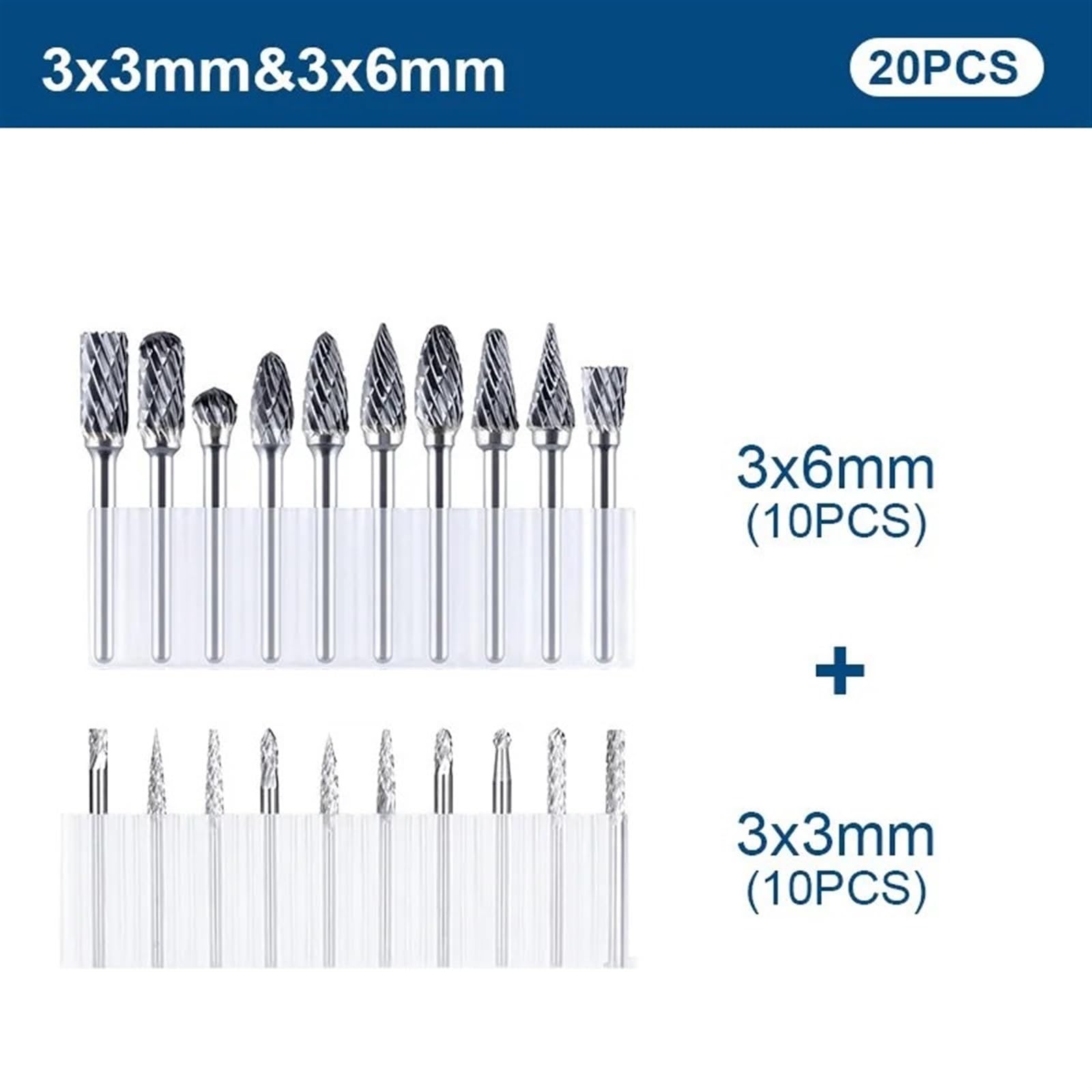 Pilniki obrotowe z twardego metalu, 20 sztuk, trzpień 3 mm, podwójne cięcie, zestaw bitów obrotowych, elektryczna obróbka drewna, 3 x 6 mm, 3 x 3 mm