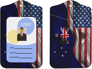 Vintage America Australia Australians Silk Flag Badge Holder for Men Women ID Card Protector Case with Clear Window Lanyard Vertical for Work Staff Students Employees Couriers College Offices School