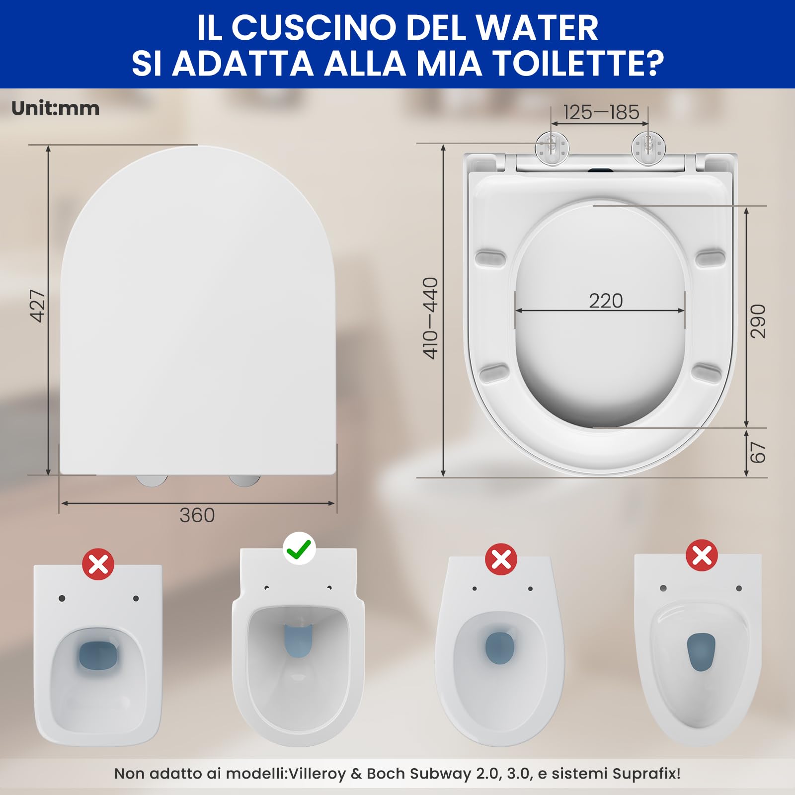 CECIPA Coperchio Water con Chiusura Ammortizzata, Copriwater D Form, Sedile WC Bianco, Copri WC Famiglia, Klositz Soft Close, Tavoletta WC con Sgancio Rapido - DERW Serie