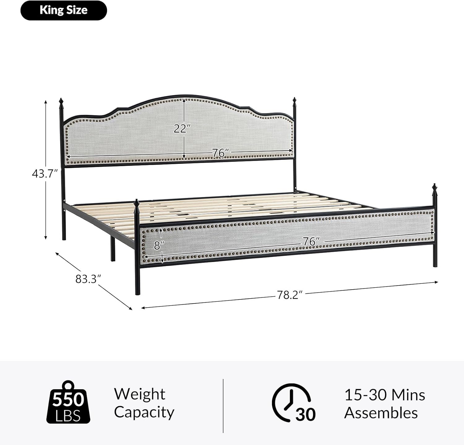 EcoHarbor King Bed Frame with Headboard, Farmhouse Metal Platform Bed Linen Upholstered Bed Frame with Strong Wood Slats Support, No Box Spring Needed/Easy Assembly/Noise Free/Non-Slip (Beige)
