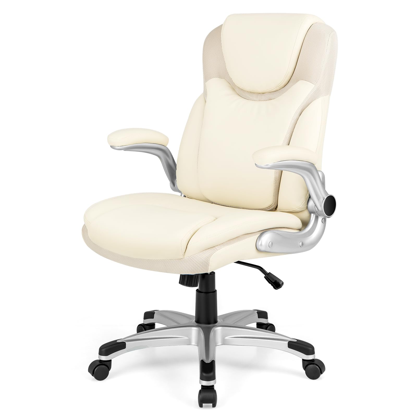 HOMASIS Silla de Oficina, Silla de escritoria ergonómica con reposabrazos abatibles, Silla de Piel de PU con función balancín, Silla giratoria 360°y Regulable en Altura, 72x72x108-118 cm, Beige