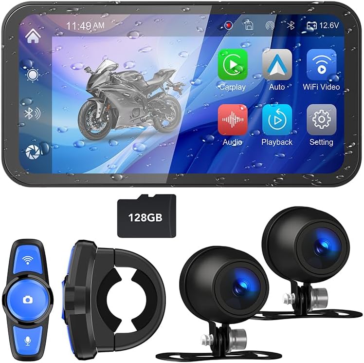 6.25" Motorcycle Dash Cam, Wireless Motorcycle Carplay & Android Auto Screen, Motorbike GPS Navigation, IP67 Waterproof Touchscreen, Remote Control, Pantalla para Moto, Bluetooth, Siri, 128G