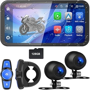 6.25" Motorcycle Dash Cam, Wireless Motorcycle Carplay & Android Auto Screen, Motorbike GPS Navigation, IP67 Waterproof Touchscreen, Remote Control, Pantalla para Moto, Bluetooth, Siri, 128G