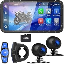 6.2" Motorcycle Dash Cam Wireless Motorcycle Car Play & Android Auto Screen Motorcycle GPS Navigation IP67 Waterproof Touch Screen Remote Control Bluetooth Siri 128G SD Card
