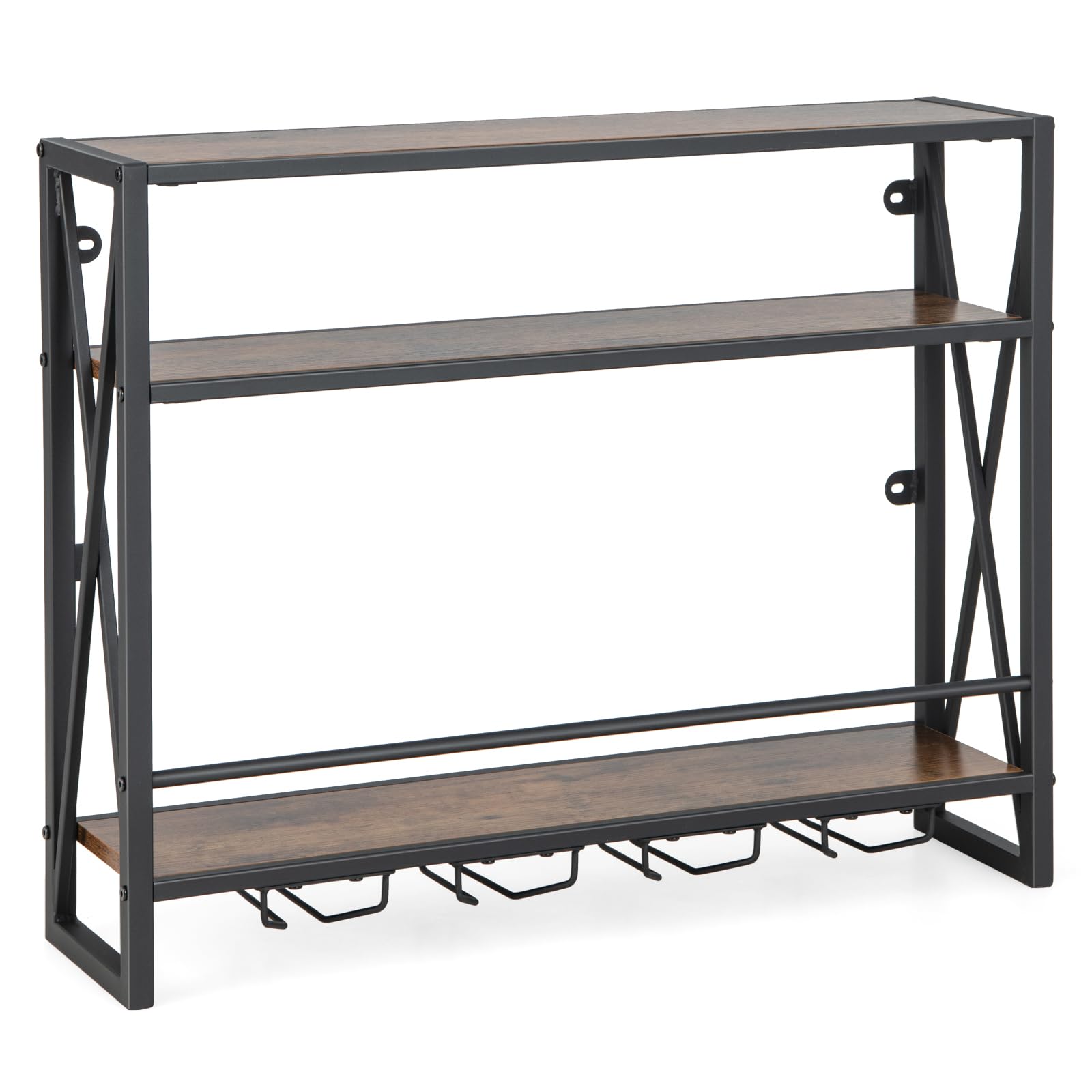 COSTWAY Portabottiglie per Vino da Parete Industriale, Scaffale di Stoccaggio per Vino a Parete a 2/3 Livelli con Porta Calici, in Metallo, per Casa, Bar, Cucina, Ristorante (80 x 20 x 63 cm)