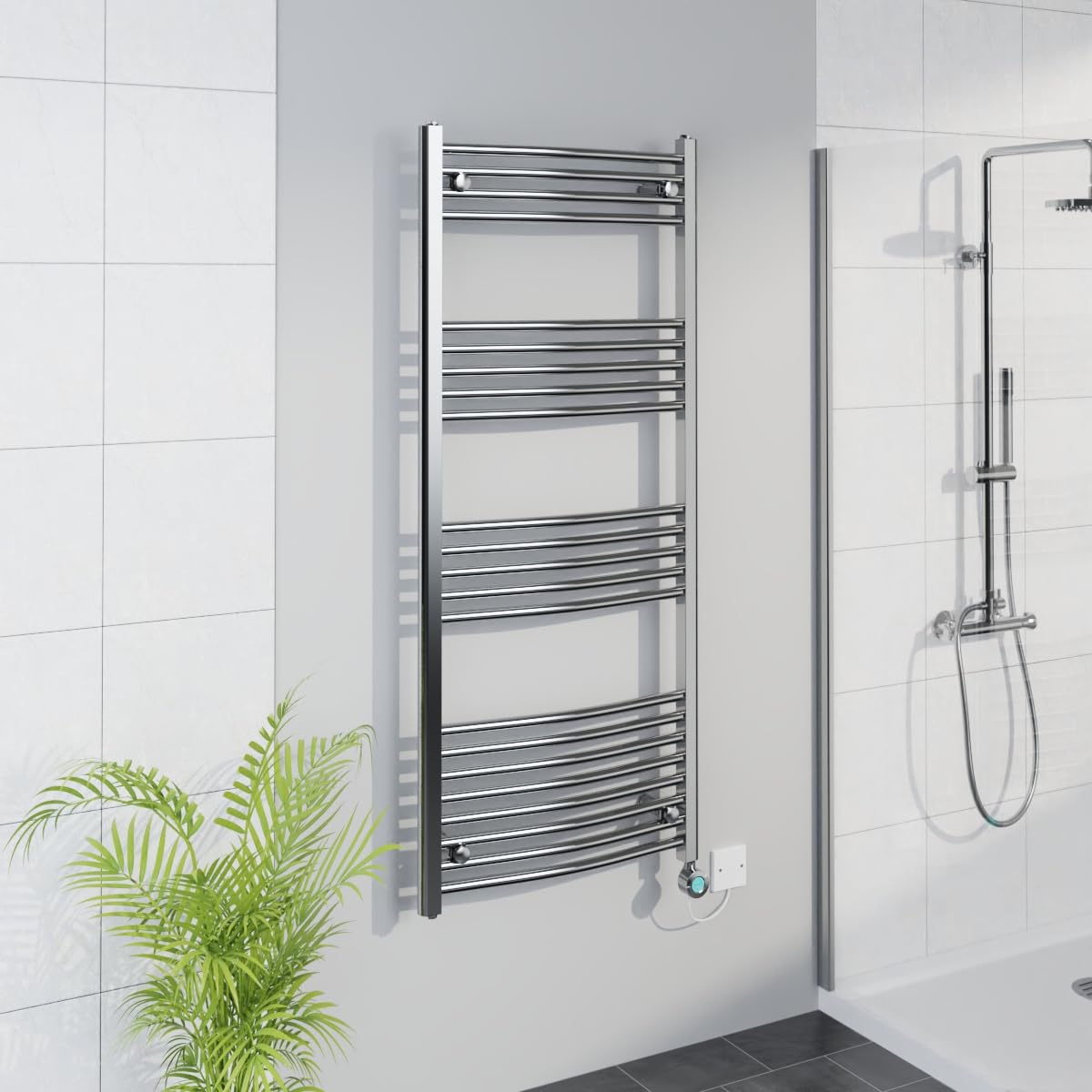 Warmehaus Chrome Smart Wifi Thermostatic Electric Bathroom Curved Heated Towel Rail Warmer Radiator With Timer 1400X600mm