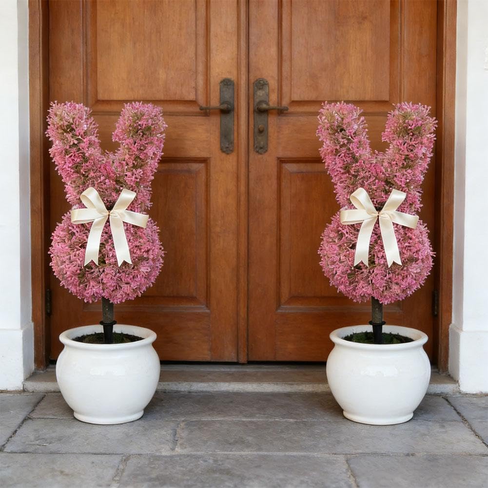 Easter Artificial Bunny Shaped Topiary Trees with Ground Spike,29.53" Pink Lifelike Easter Bunny Topiary Tree,Spring Faux Boxwood Topiarys Rabbit Bushes Potted Fake Shrubs for Garden Patio Outdoor
