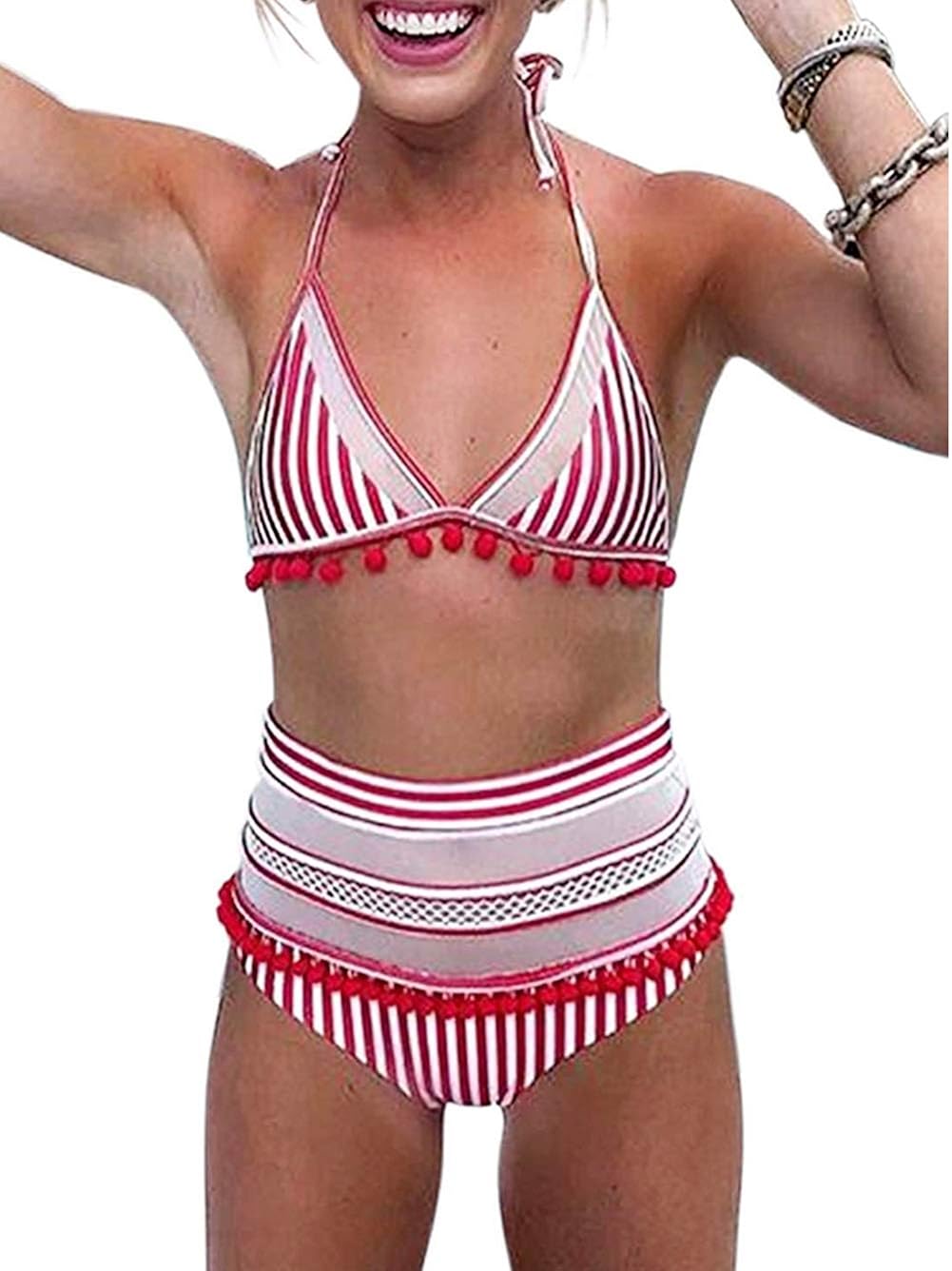Halter Tie Back High Waist Triangle Bikini Set,Tummy Control Swimsuit for Women
