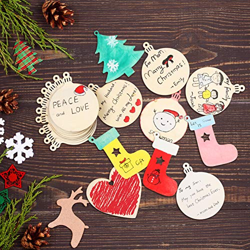 Tonak Unfinished Wood Pieces Wooden Ornaments Christmas Crafts Supplies For Kids Predrilled Blank Hearts Tree Round Wood Slices To Paint Diy Christmas Hanging Decoration 40Pcs 3" #TOP1