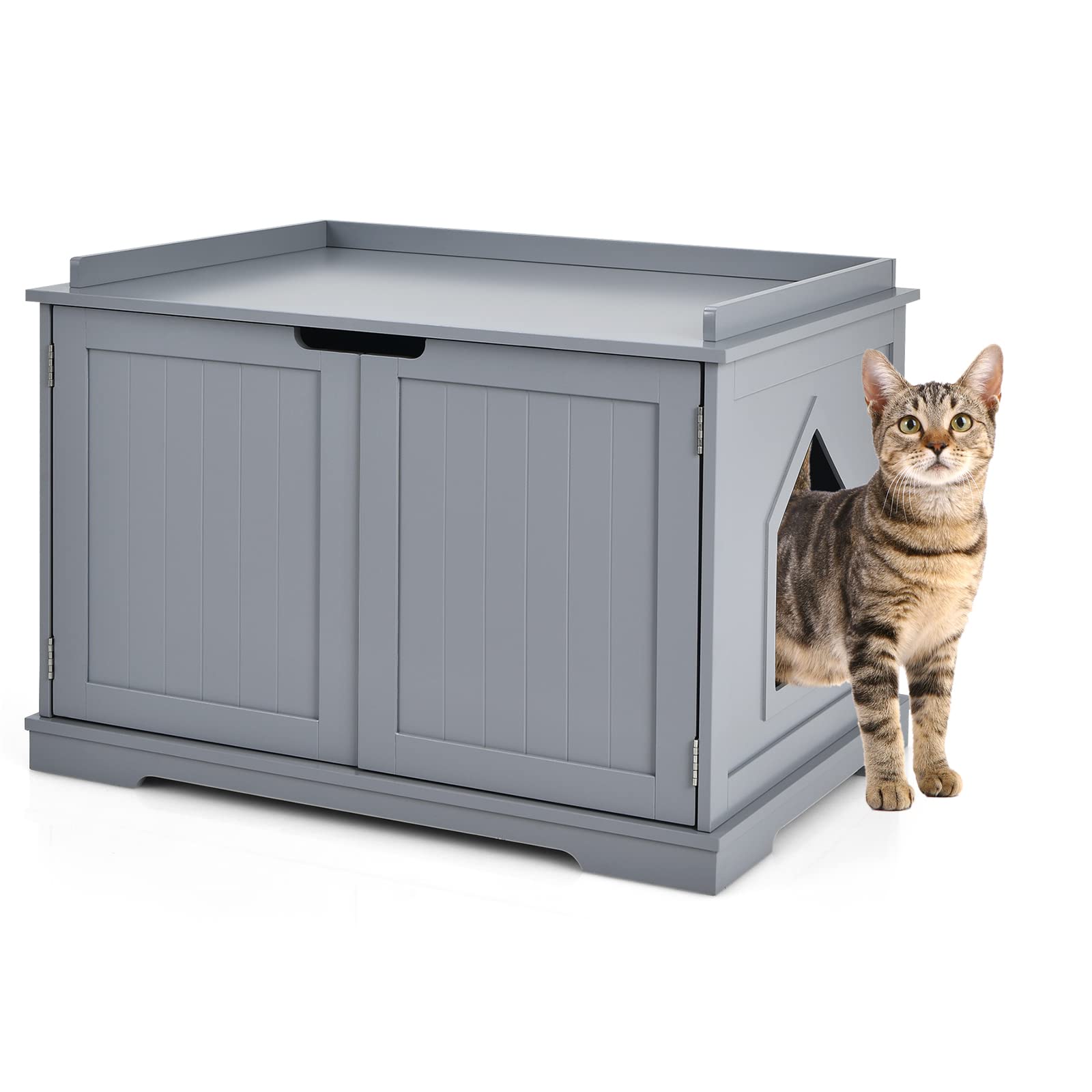 COSTWAY Casita para Gatos, Arenero para Gatos, Casita para Mascotas, Casa para Gatos, Recinto con Hoyo para Gatos, Caja para Animales con Estructura de Madera Resistente (Gris)
