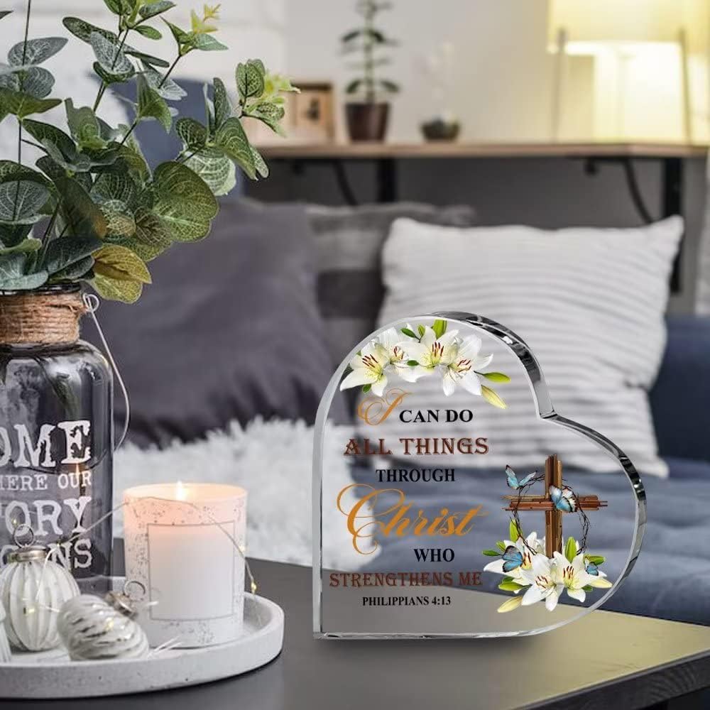 Calla Lily Clear Acrylic Desk Decorative Sign,Philippians 4:13 Strength Acrylic Plaque Christian Gift,Cross Butterfly Inspirational Gifts For Women,Keepsake Religious Plaque for Home Office 5.9”