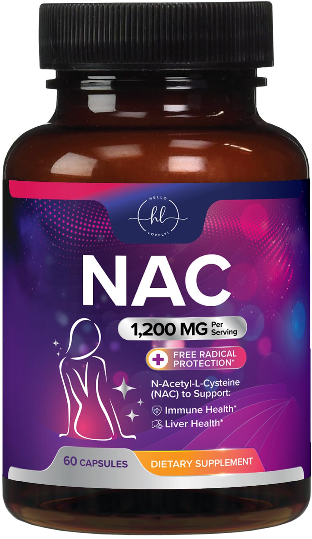 N-Acetyl-L-Cysteine (NAC) Supplement - 1200mg Free-Form NAC - Powerful Antioxidant Fights Free-Radicals - Daily Immune, Liver & Respiratory Support - Vegan, Gluten Free, Bottled in USA - 60 Capsules 60 Count (Pack of 1)