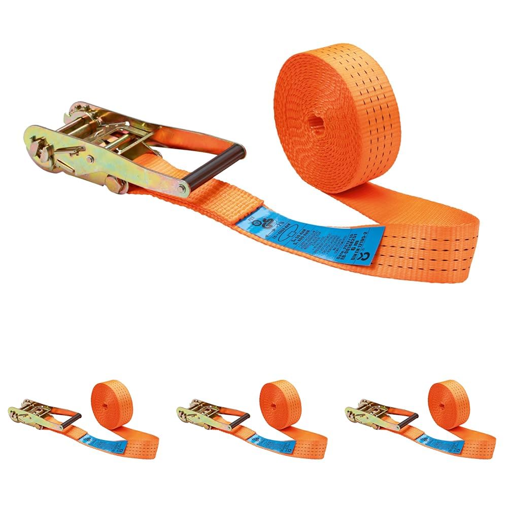 Kerbl 37147 Cinghia di Ancoraggio a Cricchetto, 1 Pezzo, 50 mm / 6 m, Forza di Trazione 2000/4000 kg, Arancione (Confezione da 4)