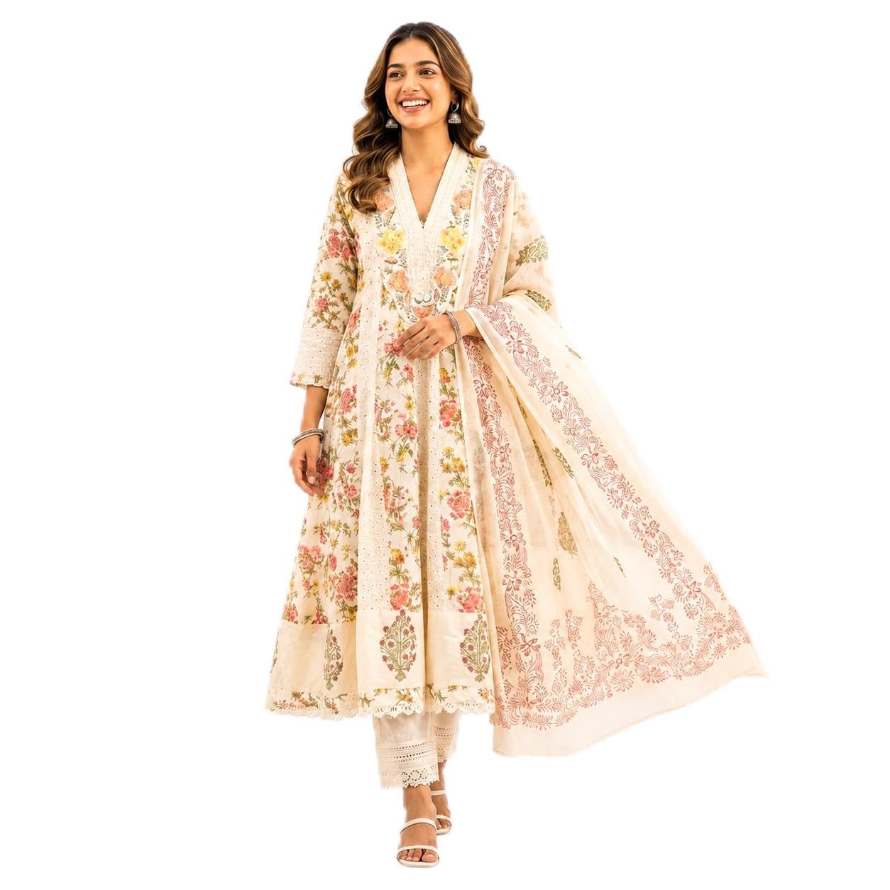 Floral Print Anarkali Kurta Set with Dupatta, Cream-image-35