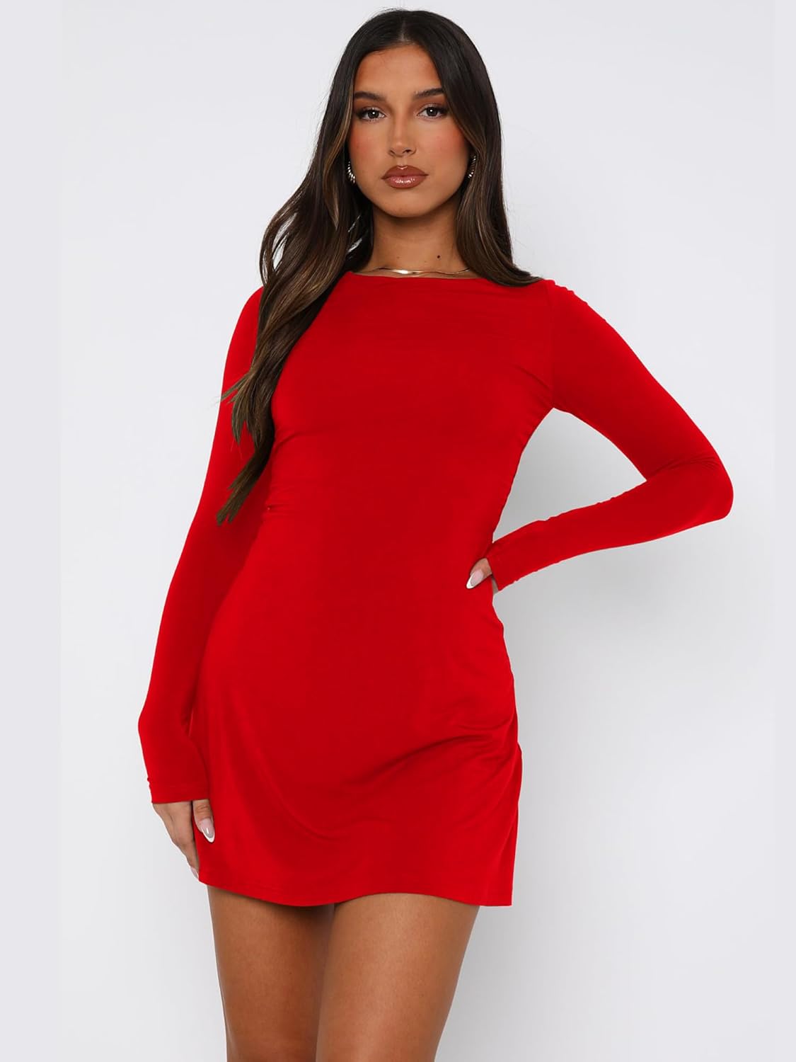VASAUGE Women's Sexy Long Sleeve Mini Dress Crew Neck Party Club Short Dresses, Large, Red - Image 5