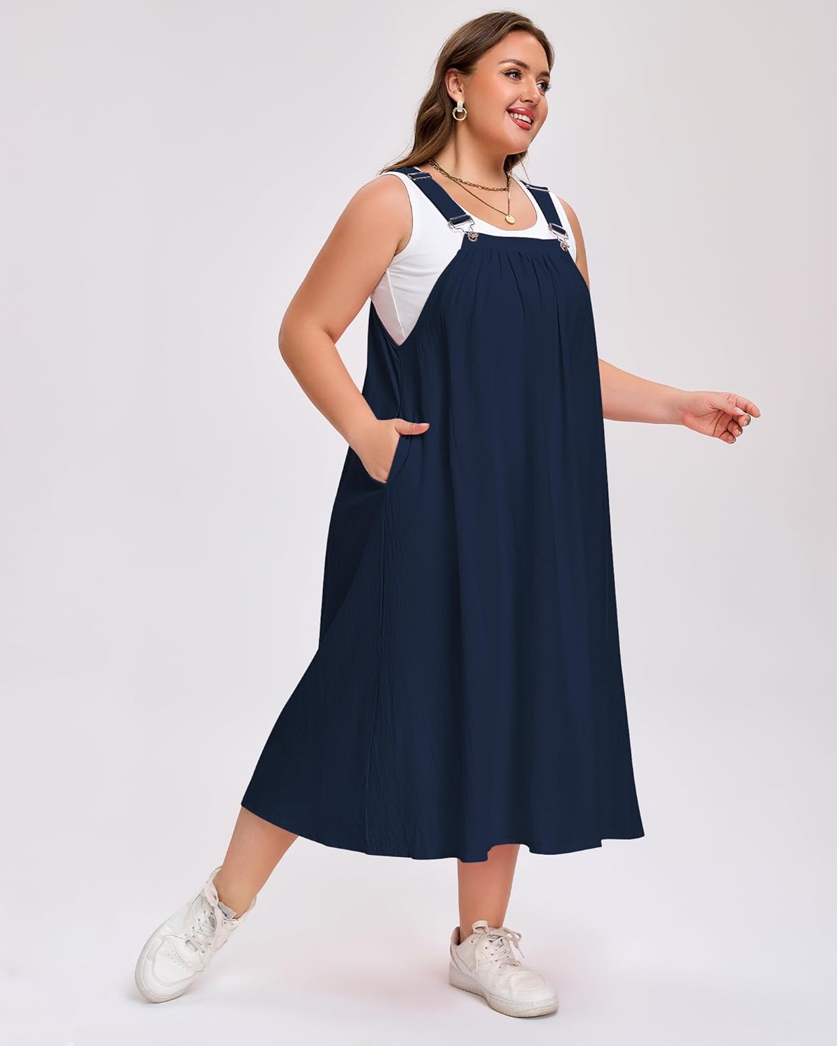 Moon Wood Plus Size Cotton Overall Dress for Women Adjustable Strap Jumper Dress with Pockets Casual A-Line Maxi Dress - Image 4