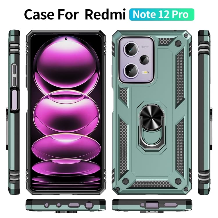 Image of ShieldTech Back Cover for Redmi Note 12 Pro 5G | Rugged Armor Case with Ring Stand | 360 Protection | Shockproof | Camera & Screen Guard (PC, Green)