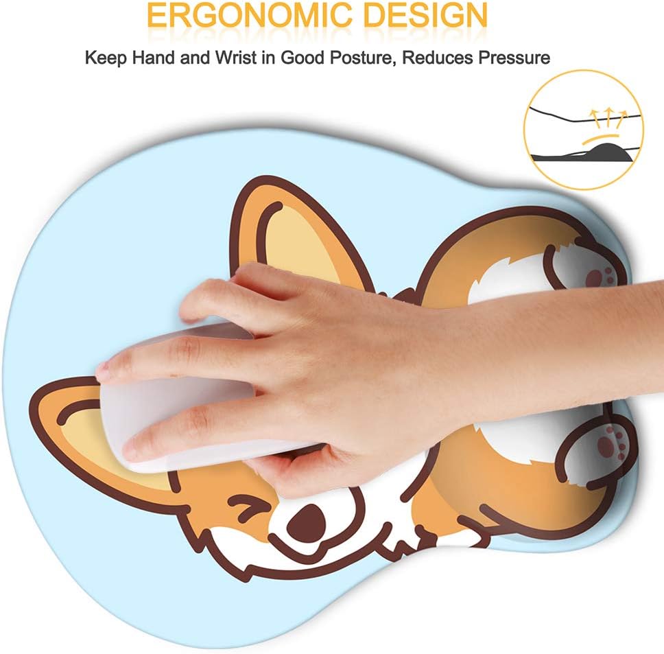HAOCOO Ergonomic Mouse Pad with Wrist Support,Non-Slip Backing Corgi Anime Cute Gel Mouse Pad Wrist Rest, Easy-Typing and Pain Relief for Gaming Office Computer Laptop(Blue Cute Corgi)