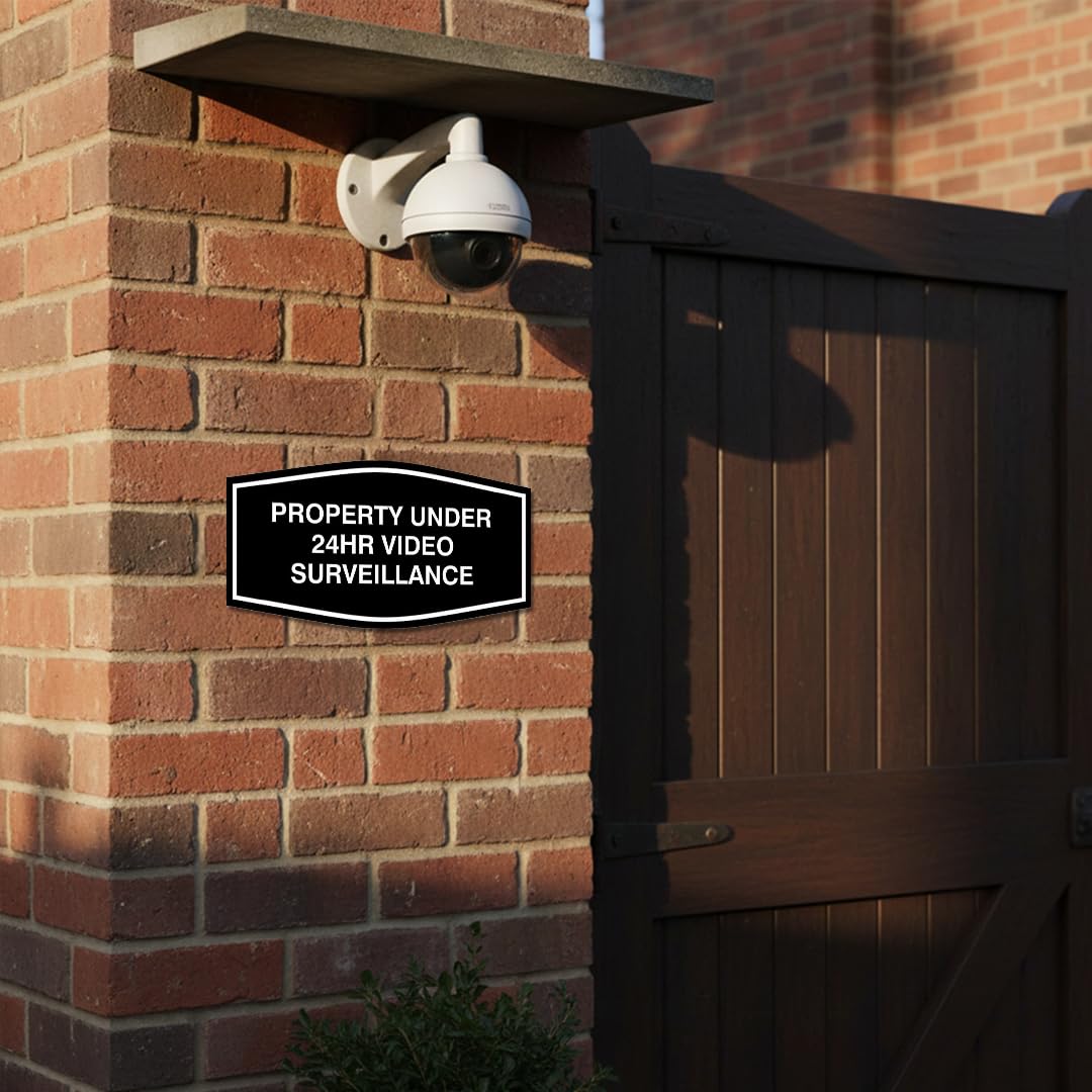 All Quality Fancy Property - Señal de videovigilancia bajo 24 horas | Señal de seguridad de propiedad con fácil instalación | Monitoreo de seguridad 24/7 (negro/dorado) - Paquete grande de 1 unidad