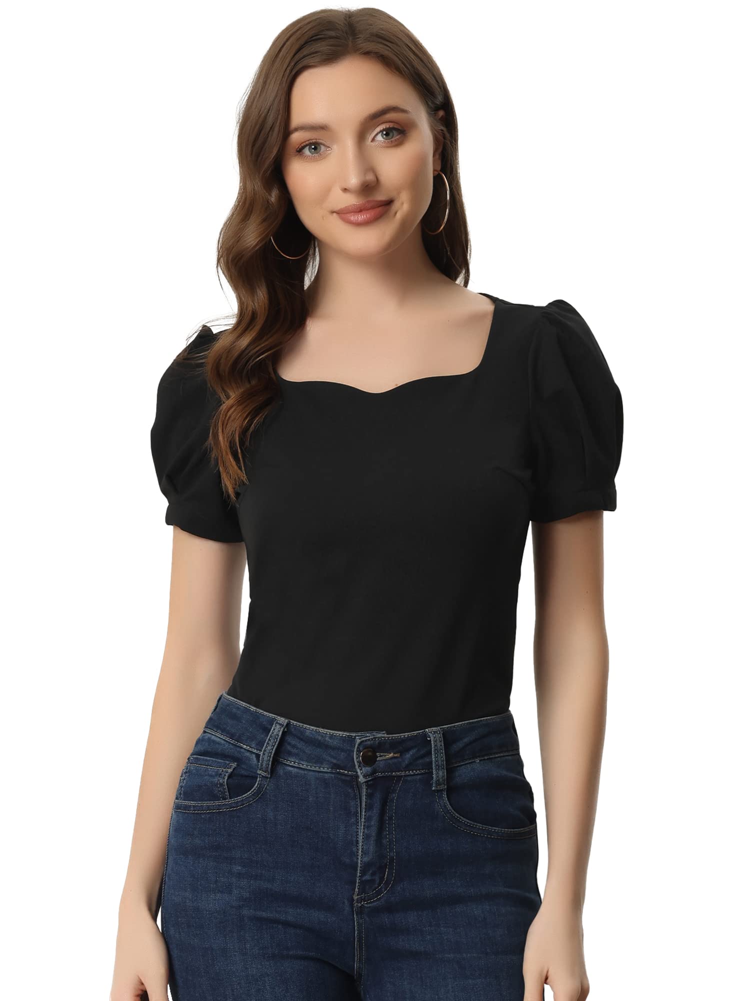 Allegra K Elegant Top for Women's Puff Short Sleeve Sweetheart Neck Casual Blouse