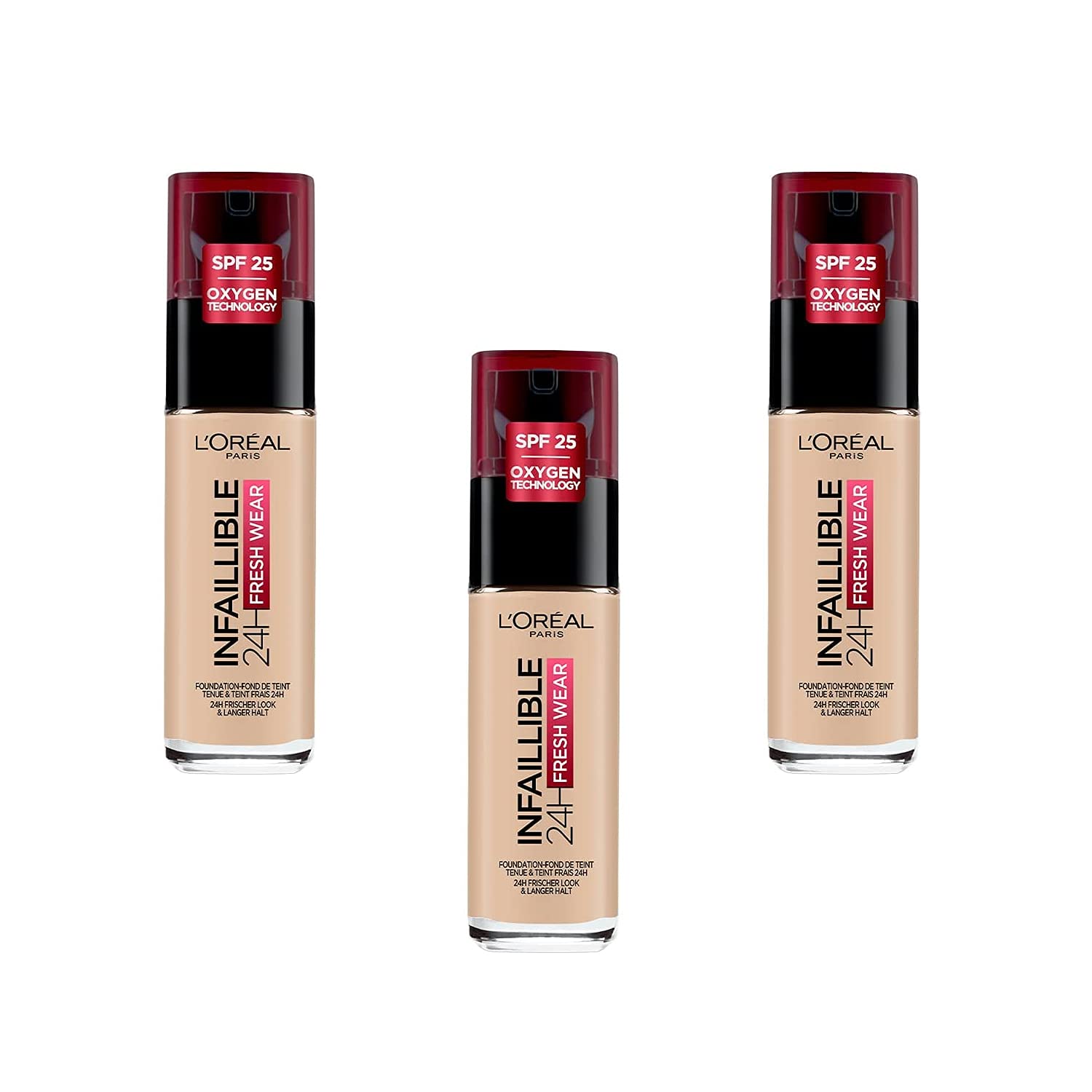 L'Oréal Paris Fond de Teint Fluide Infaillible 24h Fresh Wear - Tous Types de Peaux - 130 Beige Peau, Lot de 3 (3 x 30 ml)